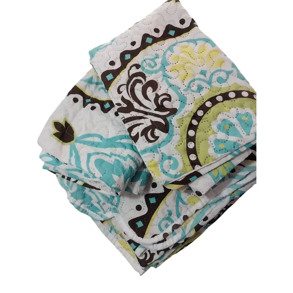 SPIRIT LINEN! WHITE W/YELLOW, AQUA & BROWN MANDALA QUILT & 2 SHAMS! SZ QN